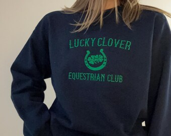 Embroidered Lucky Clover St Patrick's Day Sweatshirt, Lucky Clover Equestrian Club Sweatshirt, Equestrian Gift, Irish Sweatshirt, St Paddy