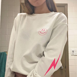 Lightning Bolt Smiley Face Crewneck Sweatshirt, Lightning Bolt Crewneck, Trendy Crewneck, Preppy Sweatshirt, Oversized Sweatshirt