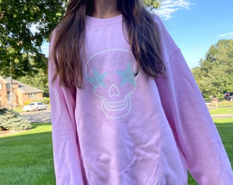Star Eye Skull Crewneck Sweatshirt, Trendy Crewneck, Aesthetic Crewneck, Oversized Sweatshirt, Pink Crewneck, Back to School Sweatshirt