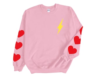 Heart Sleeve Lightning Bolt Crewneck Sweatshirt, Trendy Crewneck, Aesthetic Crewneck, Oversized Sweatshirt, Pink Crewneck, Lightning Bolt