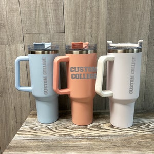 Custom College 40 oz Quencher Tumbler with Handle and Straw, Stainless Steel Etched Tumbler, Trendy Drink ware, Custom Tumbler, College Cup