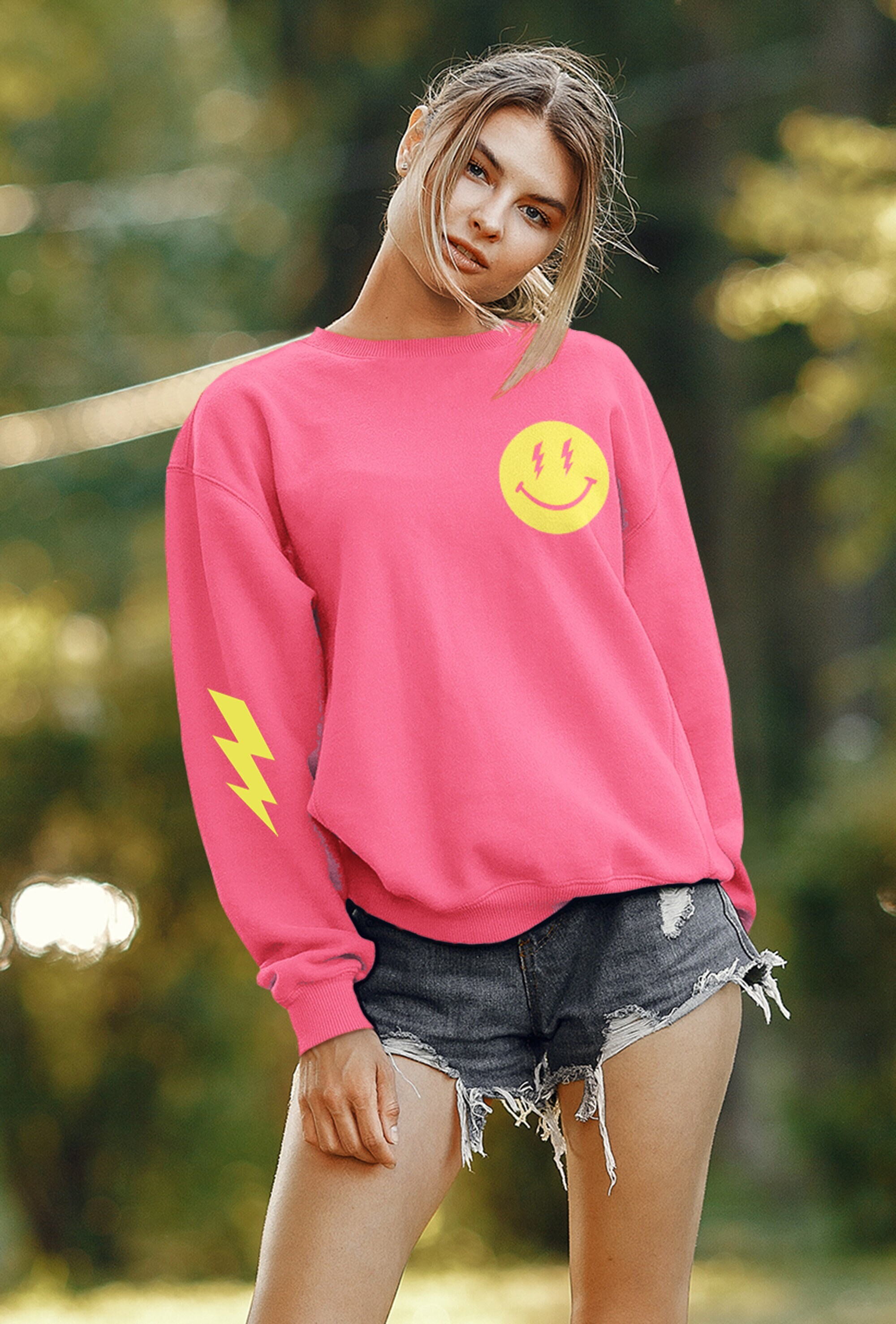 Lightning Bolt Smiley Face Crewneck Sweatshirt, Hot Pink