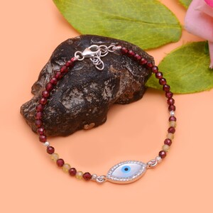 Garnet Bracelet / Evil Eye Bracelet / Starling Silver Bracelet / Evil Eye Charm / Evil Eye Jewelry / Good Luck Bracelet / Dainty Lucky Eye