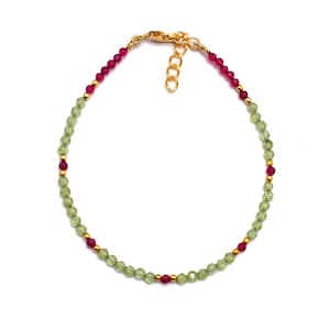 Natural Gemstone Peridot, Ruby Bracelet,  Micro Faceted, Girls-Women&#39;s Minimalist Bracelet, Gemstone Tiny Bead Bracelet, Sterling Silver