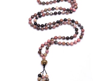 Rhodonite Mala Beads Necklace 108 Prayer Beads Gemstone Fertility Mala Bead Heart Chakra Healing Mala Anniversary Gift for her him Japa Mala