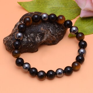 Set Di 2 Braccialetti In Pietre Naturali: Ematite, Ossidiana Nera E Occhio Di Tigre. Per Uomo E Donna. Bracciali Cristallo Per Protezione, Fortuna E Prosperità. Diametro Perle 0,8 Cm.