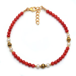 Coral And Pearl Bracelet / Pearl Bracelet / Red Coral Bracelet / Delicate Beads Bracelet / Starling Silver Bracelet / Gift For Women