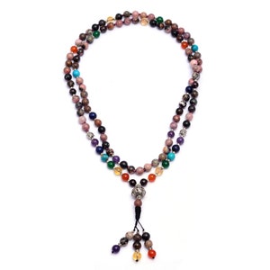 Rhodonite & Jasper Hand Knotted Bhakti Mala Beads Necklace - Energized Karma Nirvana Meditation 8mm Prayer Beads For Awakening Chakra