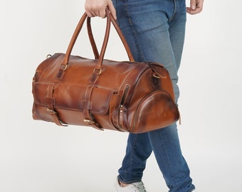 Brown Leather Duffle Bag, Large Duffle Bag, Glossy leather Duffle Bag, Classic Travel Bag, Large Travel Bag, Men Weekender Bag, Gift for Dad