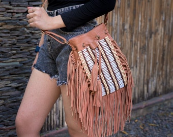 Fringe crossbody bag, boho beach bag women, leather fringe purse, hippie shoulder bag, genuine leather bag, exotic sling, brown leather bag