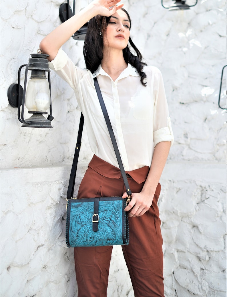 Leather Sling Bag Tooled leather crossbody purse, Women's hand tooled leather bag, Leather Crossbody Bag image 1