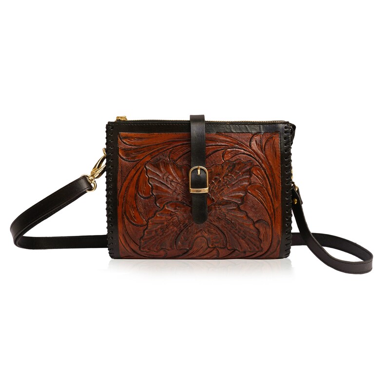 Leather Sling Bag Tooled leather crossbody purse, Women's hand tooled leather bag, Leather Crossbody Bag Darkest Brown