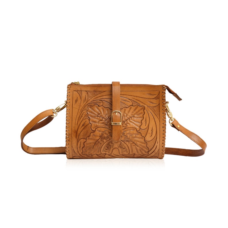 Leather Sling Bag Tooled leather crossbody purse, Women's hand tooled leather bag, Leather Crossbody Bag Camel