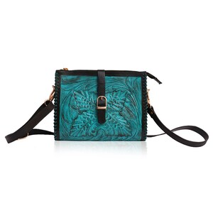 Leather Sling Bag Tooled leather crossbody purse, Women's hand tooled leather bag, Leather Crossbody Bag Turquoise