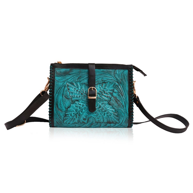 Leather Sling Bag Tooled leather crossbody purse, Women's hand tooled leather bag, Leather Crossbody Bag Turquoise