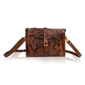 Leather Sling Bag Tooled leather crossbody purse, Women's hand tooled leather bag, Leather Crossbody Bag Dark Brown