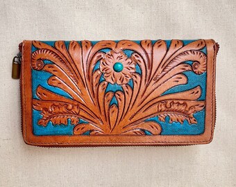 Tooled Leather Wallet, Flower Wallet, Hand Carved Leather, Hand Painted Wallet, Genuine Leather Wallet Women, Pure Leather Wallet Women