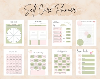 May include: A printable self-care planner with a green and pink color scheme. The planner includes a wheel of life, self-care day, 30-day self-care checklist, smart goals, and 30-day self-care challenges.