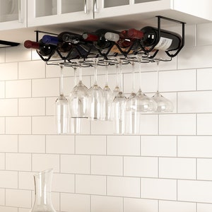 Under Cabinet Wine Glass Rack and Rustic Wine Rack  – 6 Sectional – Black