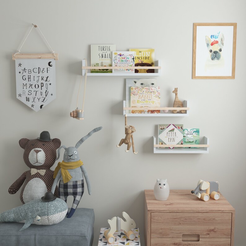 Wall BookShelf for Kids Room Decor and Nursery Decor, Multisize Toy Storage Wall Shelves \u2013 Set of 3 \u2013 White and Natural