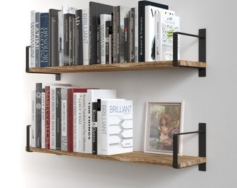 Floating Shelves and Wall Bookshelf for Living Room Decor – 24” Length – Set of 2 - Natural Burned