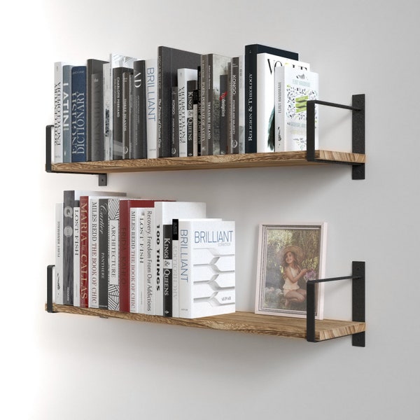 Floating Shelves and Wall Bookshelf for Living Room Decor – 24” Length – Set of 2 - Natural Burned