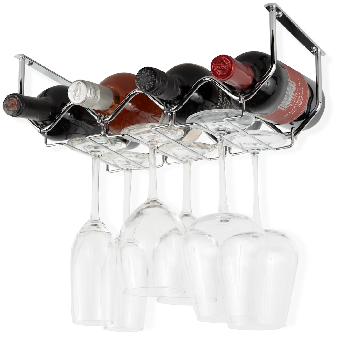 Under Cabinet Rustic Wine Rack and Wine Glass Rack 4 Sectional Chrome ...