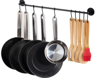 Farmhouse Kitchen Utensil Holder with 10 S Hooks for Hanging, Wall mount Pot Lid Organizer – 24” Length – Black