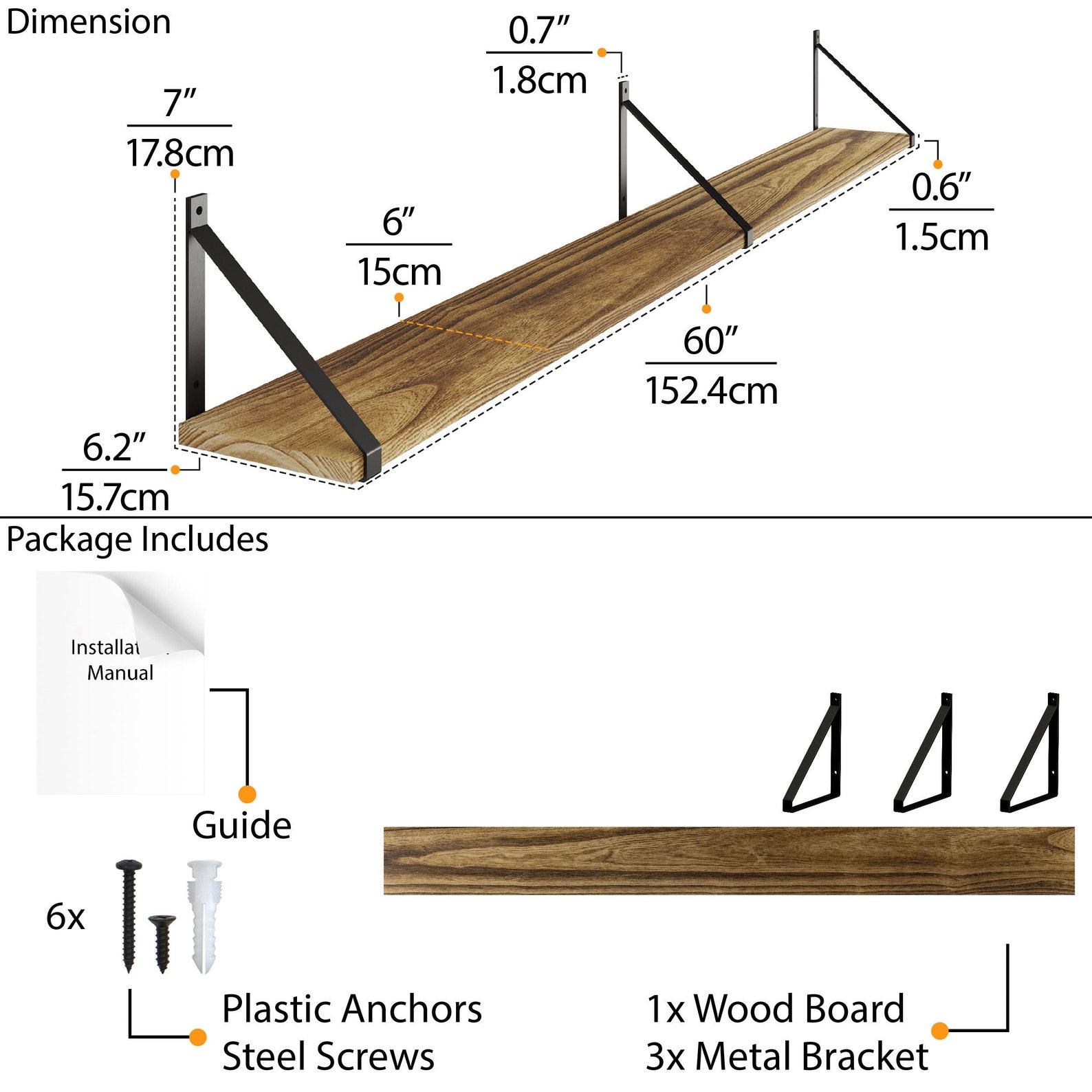 60x6 Rustic Floating Shelves Wall Bookshelf Etsy