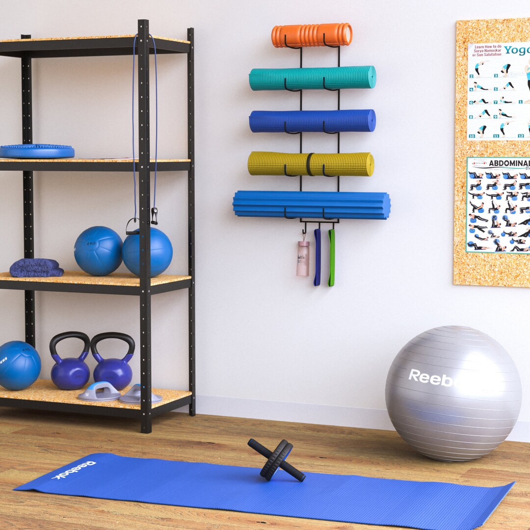 Wall Mount Yoga Mat Holder Foam Roller Rack With Hooks for Hanging 5 Sectional Black Etsy