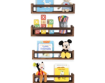 15.8" Floating Shelves Wall Bookshelf for Kids and Nursery Decor – Set of 4 – Burnt Wash Brown