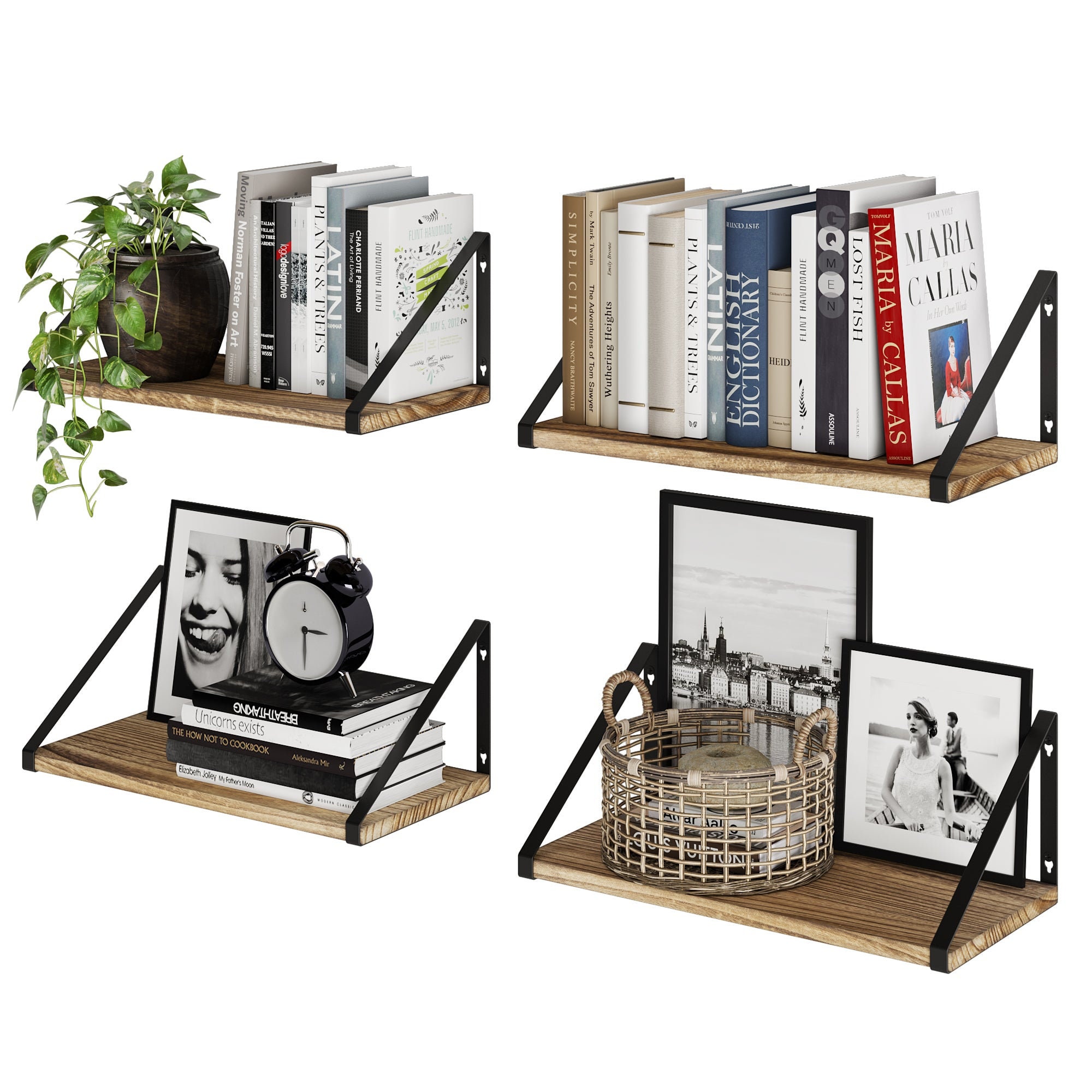 PONZA Floating Shelves for Wall Storage, Floating Bookshelf, Wood Wall  Shelves for Living Room - Set of 5