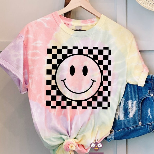 Tie Dye Smiley Face Checkered Shirt, Retro Shirt for Women, Boho Tie Dye Shirt for Girls, Trendy Vintage Shirt