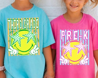 Comfort Colors® Back To School  T-Shirts, Custom, Preppy, Pre-K, Kindergarten, First, Second, Third, Fourth Grade, Stripe Happy Face