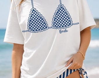 Comfort Colors® Bikini Bachelorette Party Shirts, Coastal Beach, Funny Bride, Bridesmaid, Custom Girls Trip  Gingham Bikini Tee