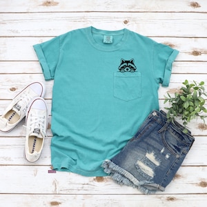 May include: A turquoise blue t-shirt with a front pocket featuring a black and white raccoon peeking out. The t-shirt has short sleeves and a crew neck.