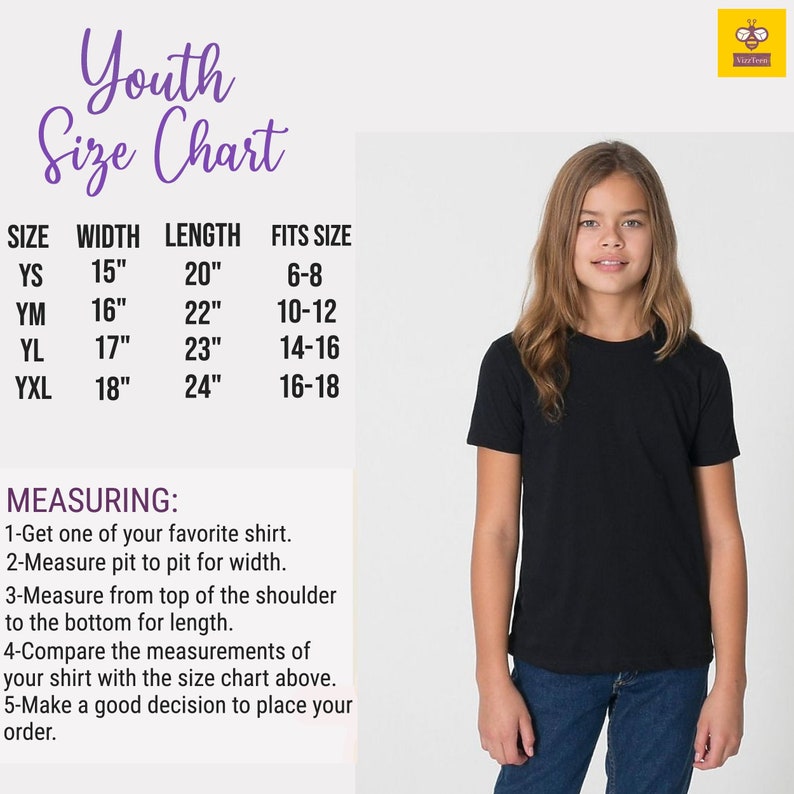 May include: A black t-shirt on a young person, with a youth size chart to the left. The chart lists sizes YS (15" width, 20" length), YM (16" width, 22" length), YL (17" width, 23" length), and YXL (18" width, 24" length).