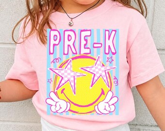 Comfort Colors® Back To School  T-Shirts, Custom, Preppy, Pre-K, Kindergarten, First, Second, Third, Fourth Grade, Stripe Happy Face