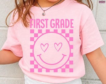 Comfort Colors® Back To School  T-Shirts, Custom, Preppy, Pre-K, Kindergarten, First, Second, Third, Fourth Grade, Checkered Happy Face