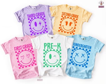 Comfort Colors® Back To School  T-Shirts, Custom, Preppy, Pre-K, Kindergarten, First, Second, Third, Fourth Grade, Checkered Happy Face
