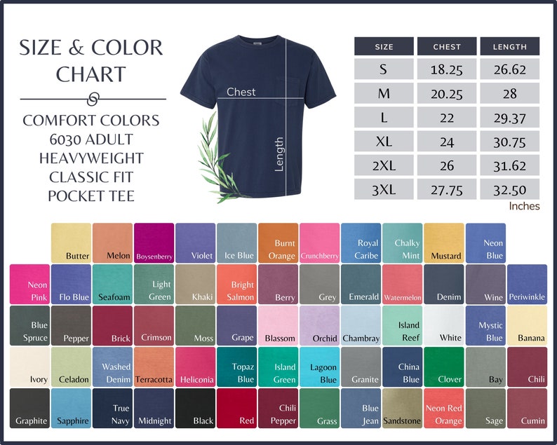 Może przedstawiać: Tabela rozmiar&oacute;w i kolor&oacute;w koszulki z kieszenią Comfort Colors 6030. Grafika przedstawia granatowy t-shirt z liniami pomiarowymi klatki piersiowej i długości, tabelę z rozmiarami od S do 3XL w calach oraz liczne pr&oacute;bki dostępnych kolor&oacute;w tkanin.