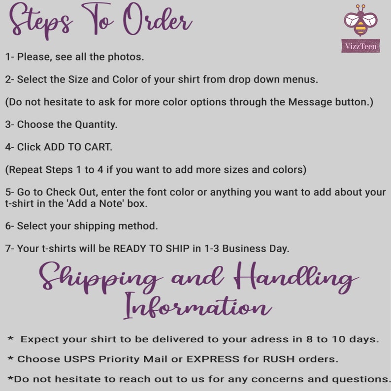 May include: Image with text instructions titled "Steps To Order" for purchasing t-shirts. Instructions include selecting size and color, choosing quantity, and adding to cart. Additional text provides shipping and handling information.