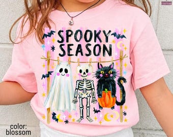 Comfort Colors® Halloween Girls Shirts,  Preppy Spooky Season, Cute, Trendy, Striped, Purple, Pink Halloween Tee