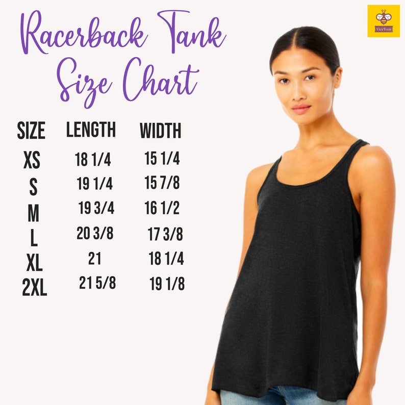 May include: Racerback tank top size chart with measurements in inches. Sizes include XS, S, M, L, XL, and 2XL.  The chart shows the length and width of each size.
