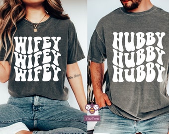 Wifey and Hubby Shirt, Wedding Gift, Trendy Retro Comfort Colors Wifey T-Shirt, Trendy Hubby Shirts, Honeymoon Outfit,