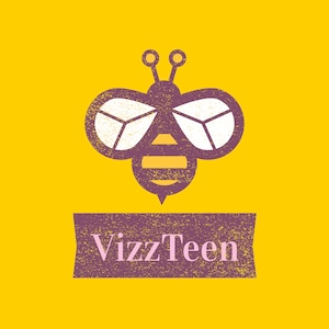 May include: A purple bee with yellow stripes and white eyes, with the text "VizzTeen" in pink letters on a purple banner below the bee.