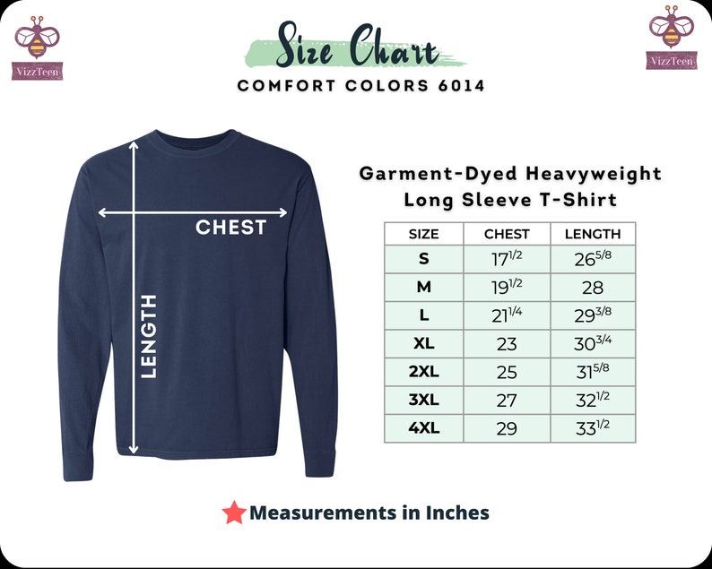 May include: Size chart for a garment-dyed heavyweight long sleeve t-shirt. The chart shows sizes S through 4XL with corresponding chest and length measurements in inches.