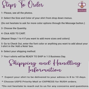 May include: A purple and white text graphic with the title "Steps To Order" and a list of instructions for ordering a t-shirt. The graphic also includes the text "Shipping and Handling Information" with a list of shipping details. The graphic includes a bee logo with the text "VizzTeen".