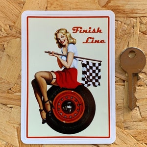 Retro finish line wheel sticker classic car motorcycle decal 1950's pin up girl