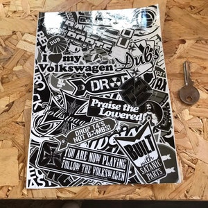 Black and white T4 fuel flap sticker with sticker bomb style Volkswagen decal